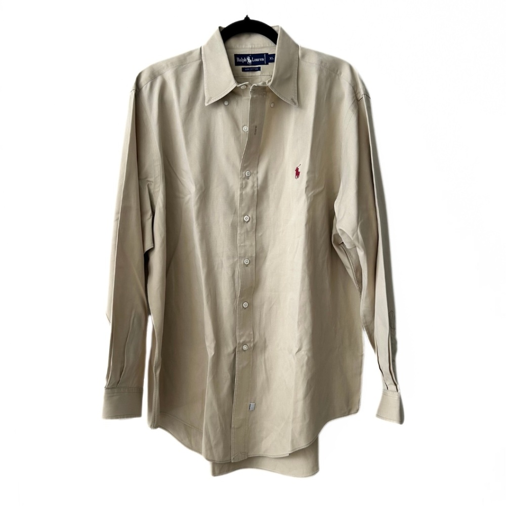 Ralph Lauren Dress Shirt Long Sleeve Tan Cotton Button Up Men Size XL
